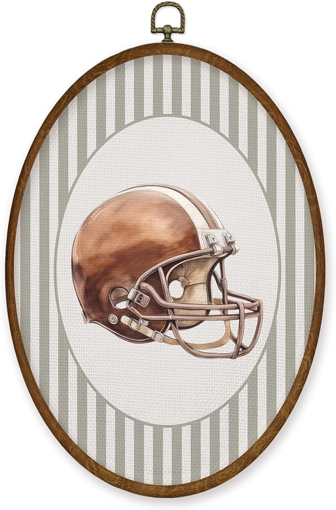 WULQYING Helmet Sports Nursery Wall Art Decor, Boys Room Oval Framed Canvas Art Prints, Neutral Striped Sport Lover Gift Wall Hanging Decor for Kids Nursery Room Playroom, 8.5x11.3 Inches