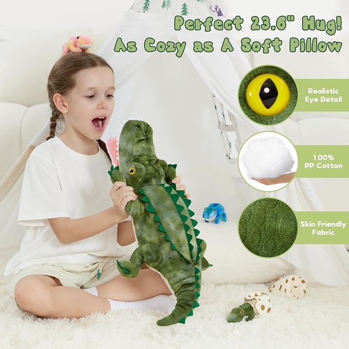 7Pcs Sound Alligator Plush Toy, 23.6" Talking Mother Crocodile Stuffed Animal with 3 Baby Alligators & 3 Eggs, Stuffed Educational Zoo Animals for Kids, Safari Plushies Gift for Christmas