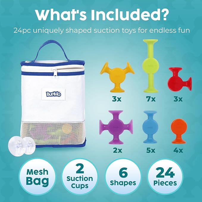 BUNMO Bath Toys Suction - Connect, Build, Create - Bath Toys - Hours of Fun & Creativity - Fine Motor Skills - Stimulating Sensory Toys - Non-Mouthable Toy 3+ - Smooth 24 Pack