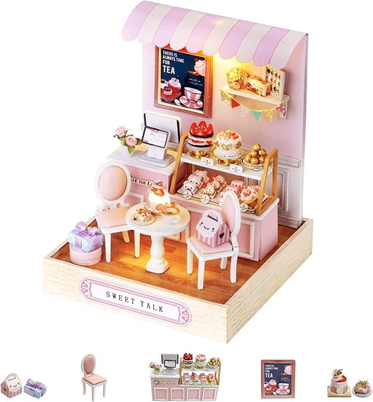 Kisoy Dollhouse Miniature with Furniture Kit, DIY 3D Wooden DIY House Kit with Dust Cover,Handmade Tiny House Toys for Teens Adults Gift(Sweet Talk)