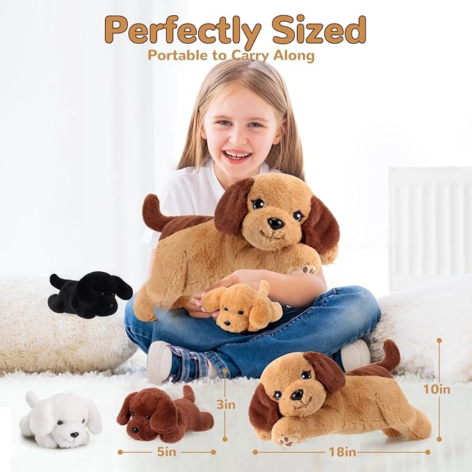 gnomantic Dog Stuffed Animals with Babies Inside, Mommy Toy for Kids | 5-Piece set: 1 mommy dog + 4 baby puppies inside. Unzip belly to reveal surprise babies. Ultra-soft, ages 3-8.