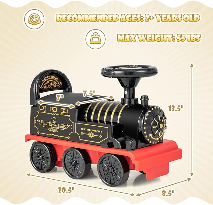OLAKIDS Kids Ride On Train with Track, 6V Electric Toy with Lights and Sounds, Retractable Footrest, Under Seat Storage, Christmas Theme Battery Powered for Toddlers Boys Girls (1 Seater, Retro)