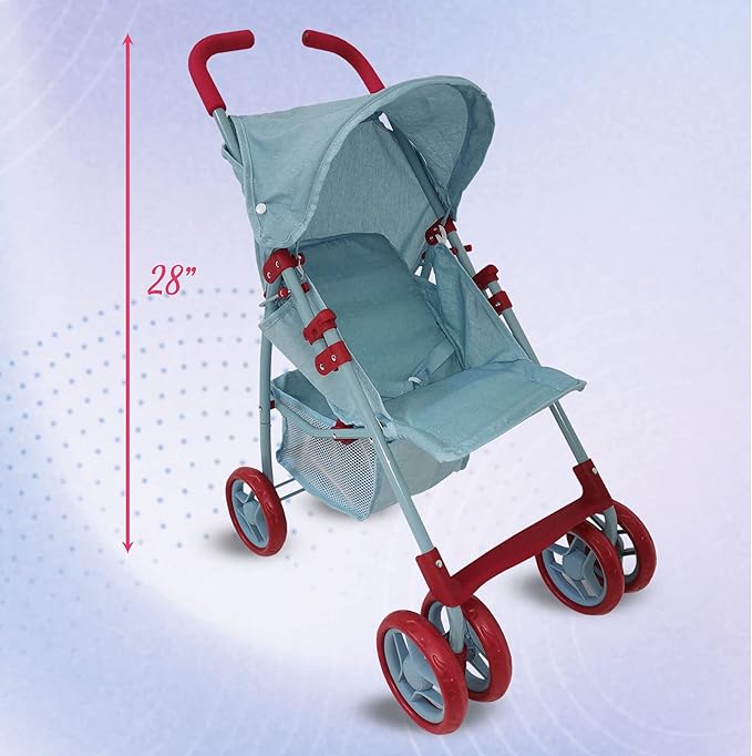 Baby Doll Stroller for Toddler Girls & Big Kids 6-8 Years Old | 28” Baby Stroller for Dolls, Toy Baby Stroller with Cute Ligh Denim Fabric, Mesh Storage Basket, Canopy, Handle Grips, Swivel Wheels