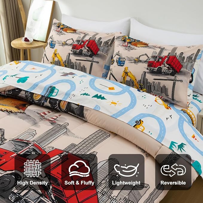 Holawakaka Trucks Tractors Cars Boy Bedding Comforter Set with Sheets, Twin Size Cartoon Construction Car Excavator Print Kids Bed in A Bag 5-Piece, Boys Reversible Dorm Bed Sets (Camel Twin)