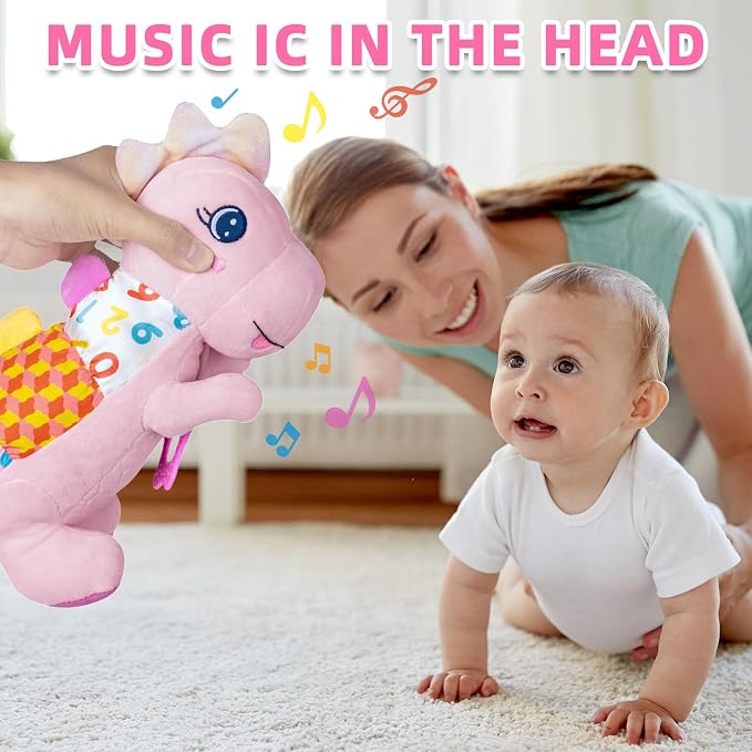 Baby Dino Musical Stuffed Animal Toys for 0-3-6-9-12 Months，Infant Dinosaur Tummy Time Toys with Crinkle Sound Paper,Teether，Textures & Rattles for Newborn Boys Girls Birthday Gifts，Pink