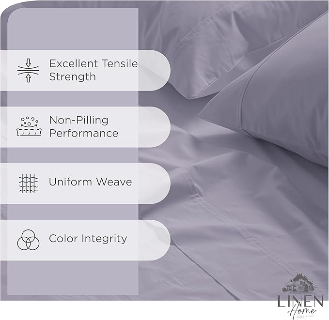 Linen Home 100% Cotton Percale Sheets California King Size, Prelude Purple, Deep Pocket, 4 Pieces Set- 1 Flat, 1 Fitted and 2 Pillowcases, Crisp Cool and Long Staple Strong Bed Linen