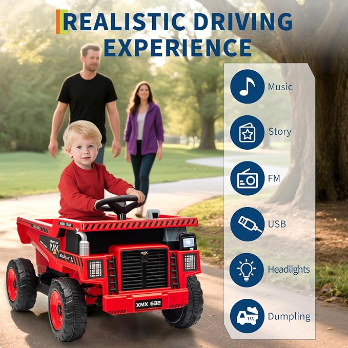 Garvee 12V Ride On Dump Truck for Kids, Ride On Car with Remote Control, Construction Vehicles with Dump Bed & Shovel, Ride-On Toys 16.5 in Spacious Seat, Music, Headlights, Soft Start, Red