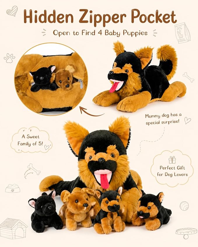 MaoGoLan 5Pcs Giant German Shepherd Dog Plush Toys with 4 Babies, Realistic Soft and Cuddly Stuffed Dog Puppies for Kids, Puppy Lovers
