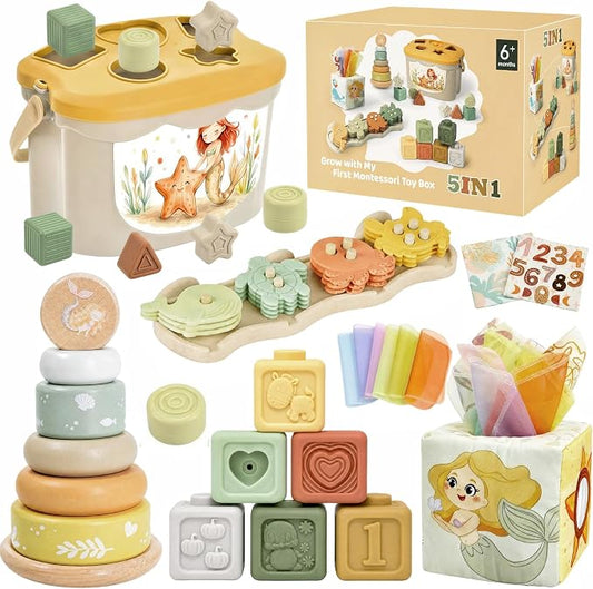 Baby Toys for 6-12 Months, Montessori Toys for Babies 6 Months+ | Shape Sorter, Stacking Rings, Sensory Baby Blocks, Educational Montessori Toys for 6+ Months, Neutral Baby Birthday Gift Set