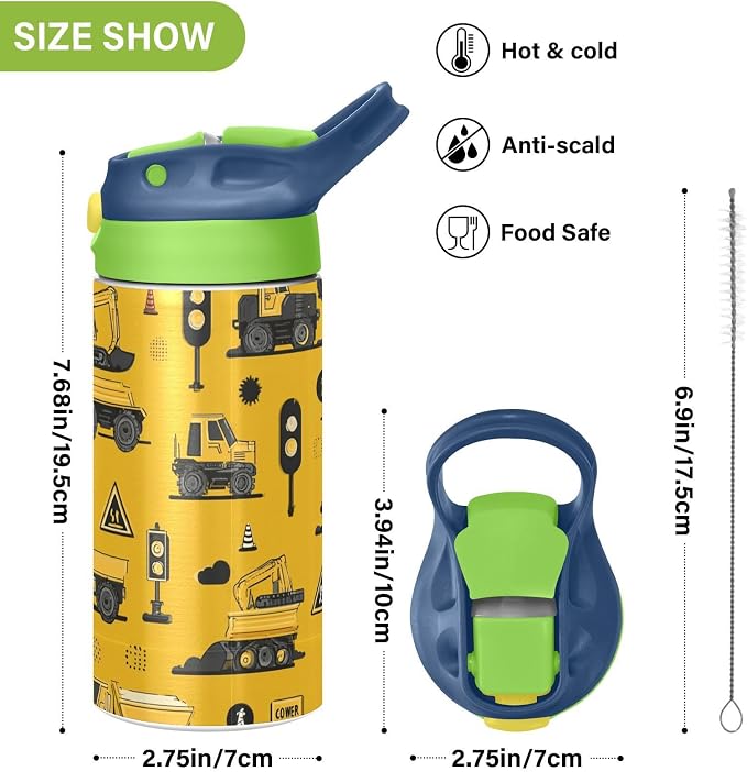 Boccsty Tractor Yellow Truck Kids Water Bottle with Straw Lid Construction Machines Insulated Stainless Steel Reusable Tumbler for Boys Girls Toddlers 12 oz Green