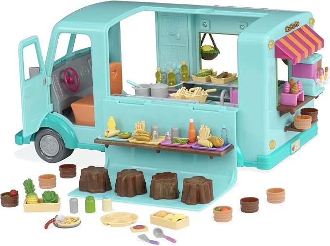 Li'l Woodzeez – Honeysuckle Sweets Food Truck with 89 Pieces Toy Set, Ice Cream Machine & Kitchen Accessories, Miniature Play Food, Collectible Toys for 3+ Years
