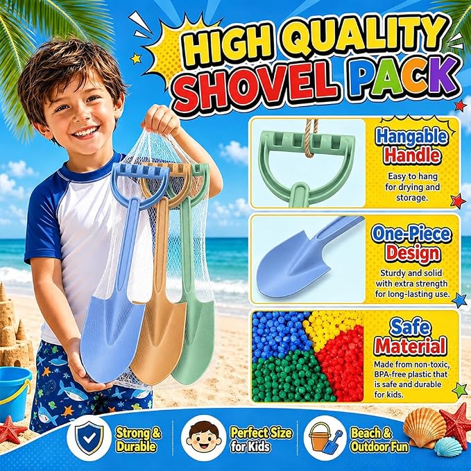 3PCS Beach Shovel Sandbox Toy, 16 inch Heavy Duty Shovel Garden Digging Bath Water Pool Toy for Kid Adult, Garden Digging Sand Toy Camping Travel Beach Essential