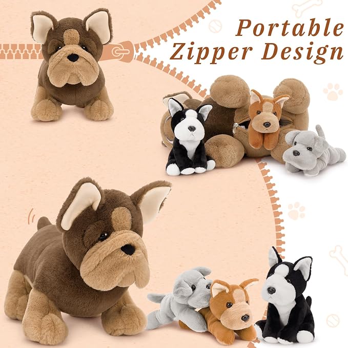 MorisMos French Bulldog Stuffed Animal with Babies,18'' Mommy Stuffed Dog Push with Puppy Toys for Kids,4Pcs Realistic French Bulldog Toys for Girl Boy,Pug Toy Gift for Birthday Christmas