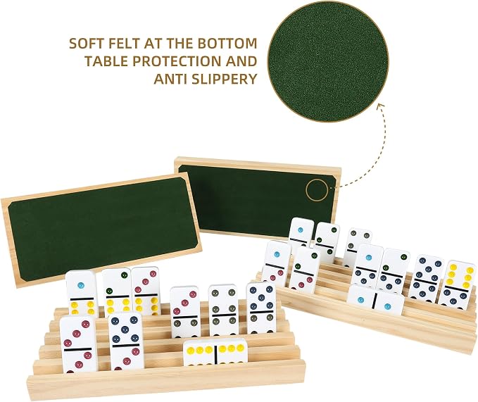 GOTHINK Dominos Set for Adults with 4 Wooden Trays/Racks, Double 6 Dominoes Set with Holders, 28 Tile Colored Dot Dominos Games Set with Case Mexican Train Accessories Board Games for Family