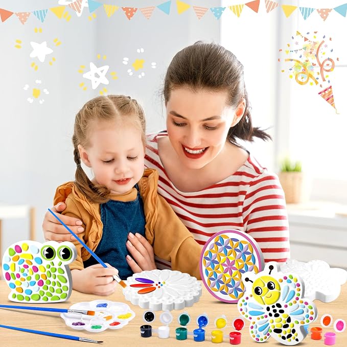 6 Pack Stepping Stone Ceramic Kit for Kids Paint Your Own Plaster Stones Arts and Crafts Handprint Garden and Summer DIY Craft Pottery Outdoor Painting Gifts for Kids Ages 4-12