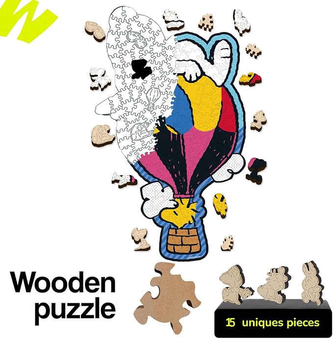 Peanuts Puzzles for Adults – Wooden Puzzles Gifts for Snoopy Lovers, 200 Pieces Unique Shaped Woodstock Jigsaw Puzzles, 5MM Thick, Officially Licensed Merchandise – Balloon Ride, 8.9" x 15.7"