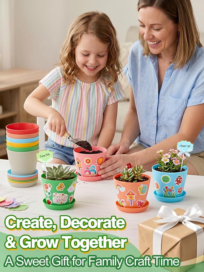Cosweet 12 Pack Durable Resin Garden Pot Craft Kit for Kids | Colorful Flower Plant Crafts with Trays, Stickers & Blank Labels, Art Activities for Classroom School Home DIY Gifts 4+ years