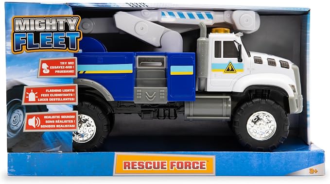 Mighty Fleet Rescue Force 12" Tough Cab Cherry Picker Toy Truck - Realistic Lights & Sounds, Movable Cherry Picker Arm, Free Wheeling Play, Ages 3+