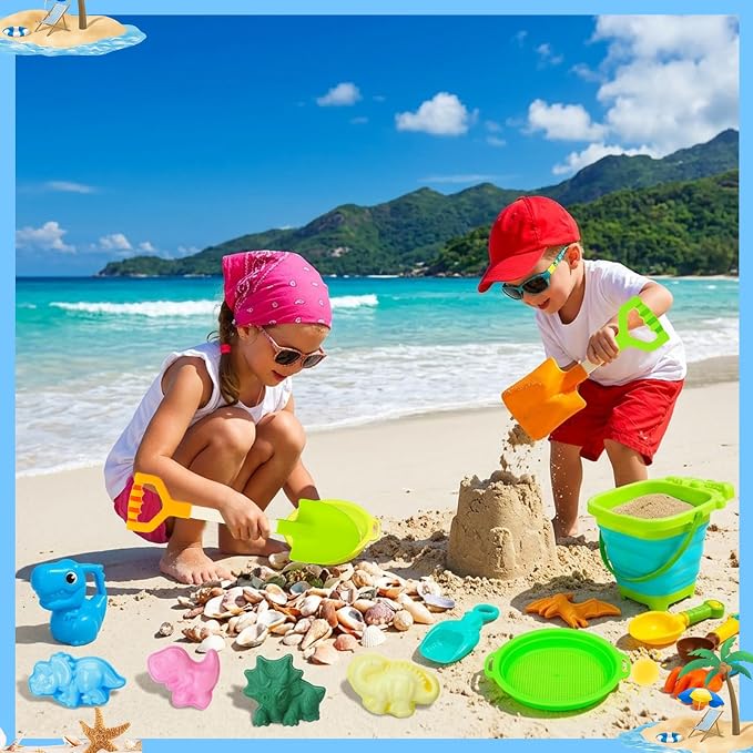 20 Pcs Beach Toys, Dinosaur Sand Toys Include Molds Foldable Bucket Mesh Storage Bag Shovels Dump Truck, Summer Sand Toys for Toddlers Kids