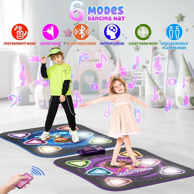 Dance Mat, 2026 Light Up 2-Player Opposing Dance Pad with Single & Double Player Modes, 12-Button Kids Music Toys with Bluetooth, Birthday for 3-12 Year Old Boys Girls