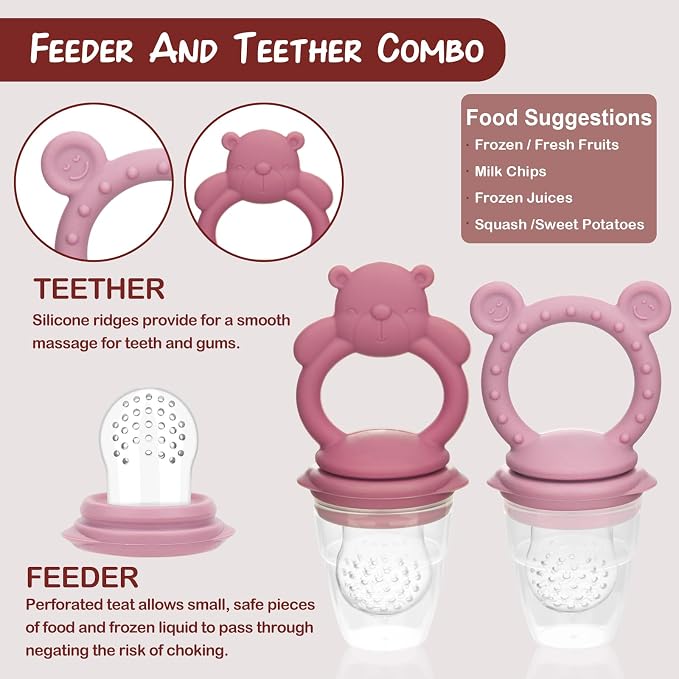 Baby Breastmilk Popsicle Molds & Baby Fruit Feeder (4 Pack), Infant Food Freezer Tray Storage Containers, Silicone Teething Pacifier Feeder and Teether for Babies,Silicone Feeder(Pink)