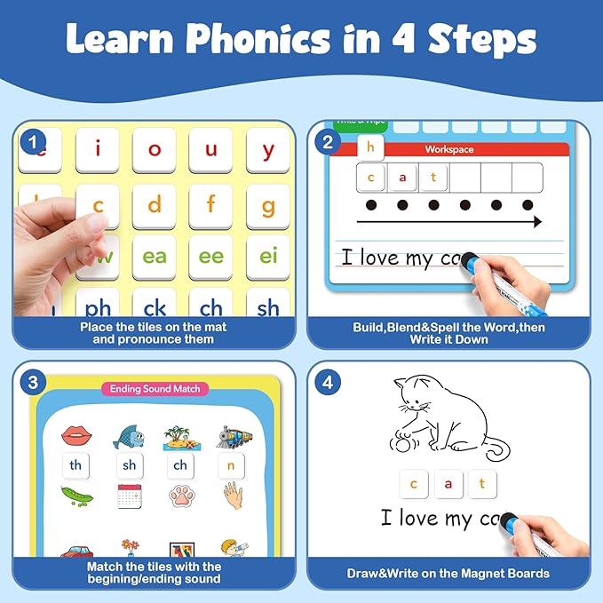 Aizweb Phonics Magnetic Letter Tiles,All-in-one Magnetic Phonics Kit,Reading &Spelling Games with Dry-Erase Boards&Storage Case,Phonics Games for Preschool Pre k& Kindergarten Classroom Learning