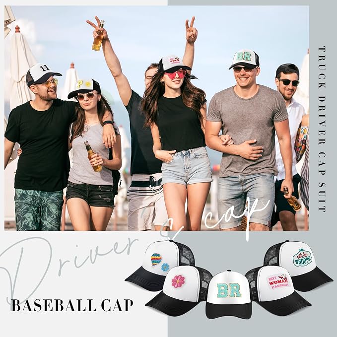Hercicy 12 Pack DIY Trucker Hats Kit, Sublimation Blank Baseball Caps with 120 pcs Embroidered Patches DIY Craft for Party(Cute,Black&White)