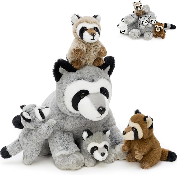 MaoGoLan 5pcs Raccoon Plush, 22 inch Large Mommy Raccoon Stuffed Animal with 4 Babies, Realistic Cute Stuffed Animal Toys for Boys Girls Kid, Christmas Birthday Gift