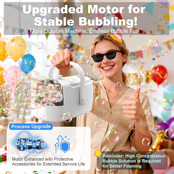 Bubble Machine Durable Automatic Bubble Blower, 18000+ Big Bubbles Per Minute Bubbles for Kids Toddlers Bubble Maker Operated by Plugin or Batteries Bubble Toys for Indoor Outdoor Birthday Party
