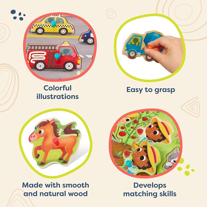 B. toys – Peek & Explore Puzzle 4-Pack – Wood Toys for Toddlers, Kids – 8 Pieces Each – Vehicles, Trucks, Animals, Barnyard – 2+ Years