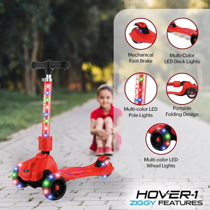 Hover-1 Ziggy Folding Kick Scooter for Kids (5+ Year Old) | Features Lean-to-Turn Axle, Solid PU Tires & Slim-Design, 110 LB Max Load Capacity, Safe