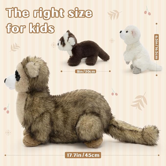 3Pcs Ferret Plush Toy with Babies, Mother Ferret Stuffed Animal with 2 Cute Stuffed Baby Ferrets, 18" Snuggly Forest Animal Plushies for Kids, Christmas Birthday Gift