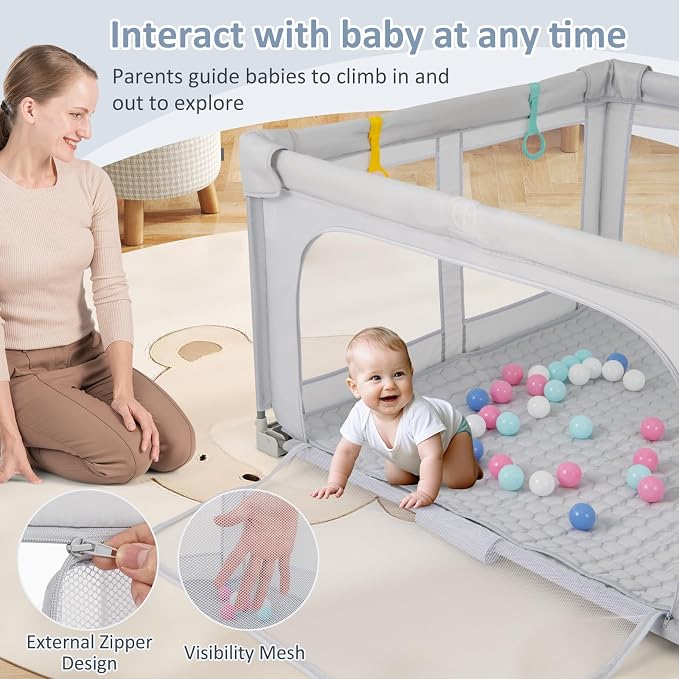 INFANS Foldable Baby Playpen with Mat, 50” x 50” Large Baby Play Yard for Infant with 50 Ocean Balls, 4 Handlers, Carry Bag, Indoor Outdoor Fence Toddler Activity Center (Gray, 50” x 50”)