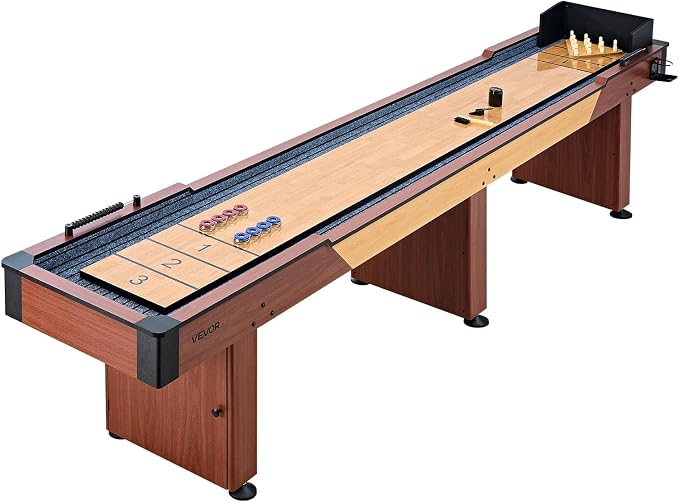 VEVOR 7ft 9ft 12ft Shuffleboard Table 2 in 1 Shuffleboard and Bowling Combo Set, Shuffle Board with Scratch-Resistant Playfield, Pucks, Bowling Set, Wax, Brush for Family Game Rooms