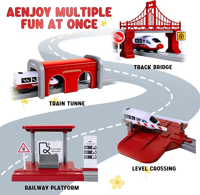Wdmiya Train Sets for Toddlers, 104 Pcs Trains Toy with Battery Operated & Tracks (Magnetic Connection), Compatible with Thomas, Brio, Christmas Toy Gifts for 3 4 5 6 7 8 Years Old (City Red 104 Pcs)