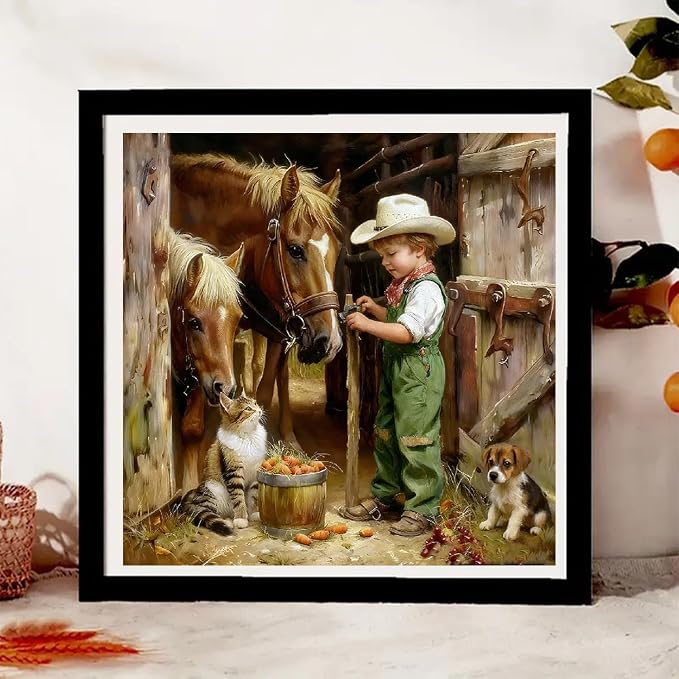 Paint by Numbers for Adults and Kids Beginner Vintage Cowboy Boy Horses, Cat, Puppy Painting by Number Kits On Canvas Number Artist Paint by Number Kit Oil Painting Acrylic Paints Home Wall Decor Gift