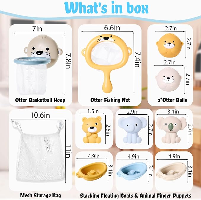 Otter Bath Toy for Toddlers 1-3, 12pcs No-Hole Bath Toys for Kids Interactive Basketball Hoop, Squeeze Animal Balls, Floating Boats, Fishing Net and Storage Bag Bathtub Pool Water Toys for Boys Girls