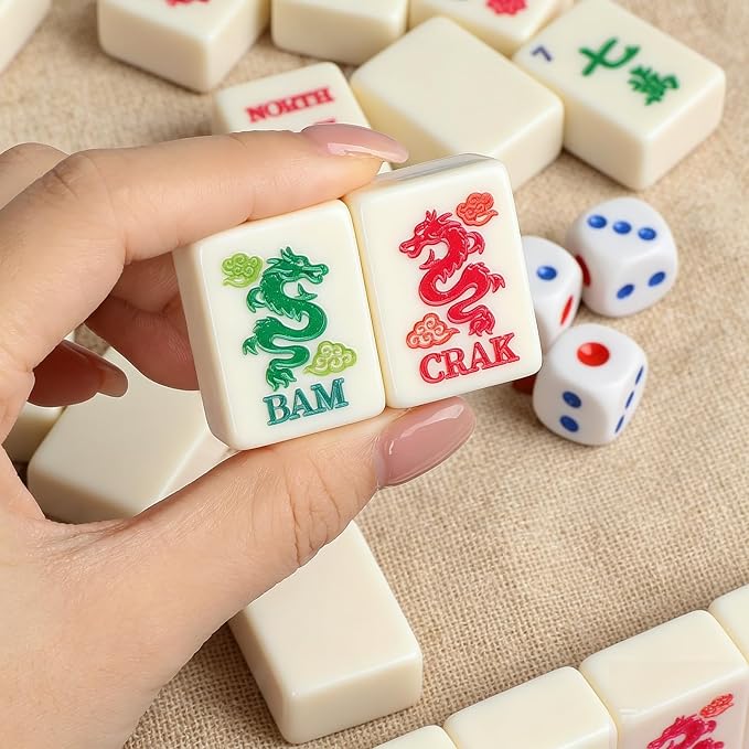 166 American Mahjong Tile Set with Storage Bag & Dice, 1.2" Mini White 3D Engraved Melamine Mahjong Tiles for Adults, Friends and Family Game Night, Travel Size Chinese Game Gifts
