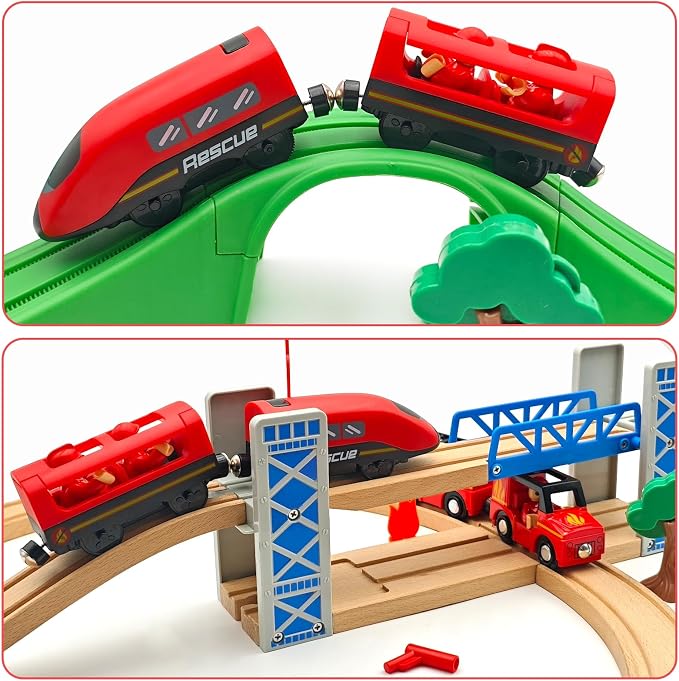 Battery Operated Police Train for Wooden Train Tracks with Figures Kids Magnetic Wooden Trains Set for Toddlers Boys 3-5 4-8 (Without Battery and Tracks) (red)