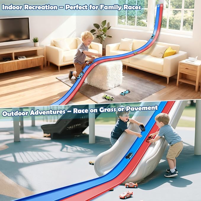 Flex Tracks 15 Ft Starter Set, Flexible Race Track for Kids 3+ with Strong Suction Cups, Flexible Car Track Race Car Ramp Track Compatible with 1/64 Diecast Cars, Portable Rolls Up Race Tracks