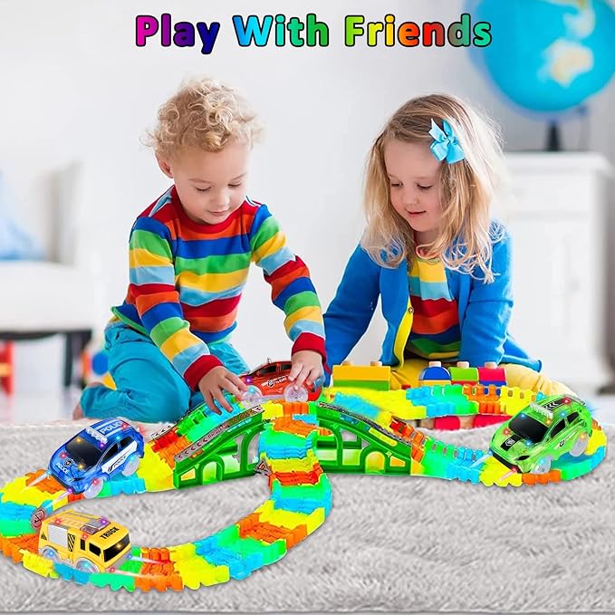 Tracks Cars Only Replacement, Flex Track Race cars for Magic Tracks Glow in the Dark with 5 Flashing LED Lights, Light Up Tracks Cars Compatible with Most Race Tracks for Kids (4pack) with Screwdriver