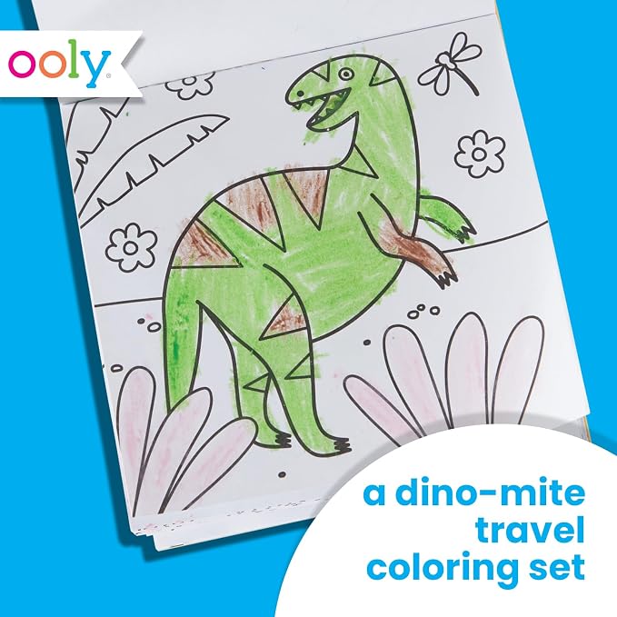 Ooly Kids Travel Activity Kit – 9 Jumbo Crayons & 48 Coloring Pages, Car Crafts for Kids, Mess-Free Road Trip Art Set, Airplane Activities – Dinoland
