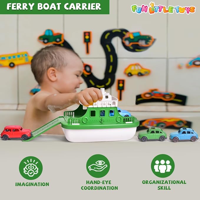 Ferry Boat Bath Toy with Mini Cars, Floating Water Play Set with Boat Squirters for Toddlers 1–3 & Kids Ages 4–8