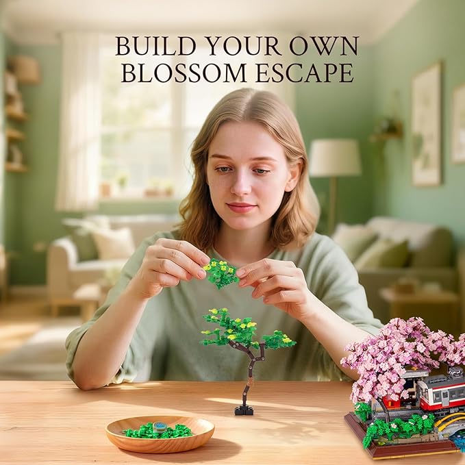 Wise Block Cherry Blossom Train Diorama Building Set – Japanese Artificial Bonsai Tree Block Set for Home Office Botanical Decor, 3150 Pcs
