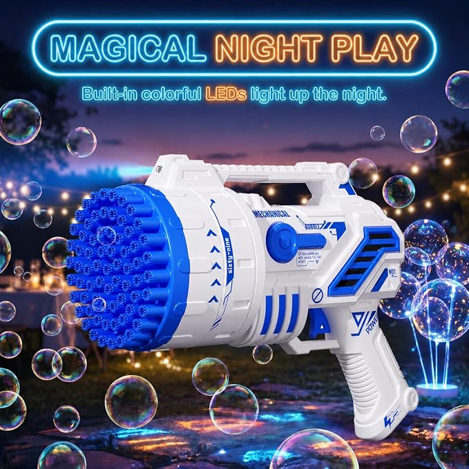 Bubble Gun for Kids, 69-Hole Bubble Blaster with LED Lights, Blue | 69-hole bubble machine gun for kids ages 4-8, with LED lights for summer, birthday, party and outdoor play.