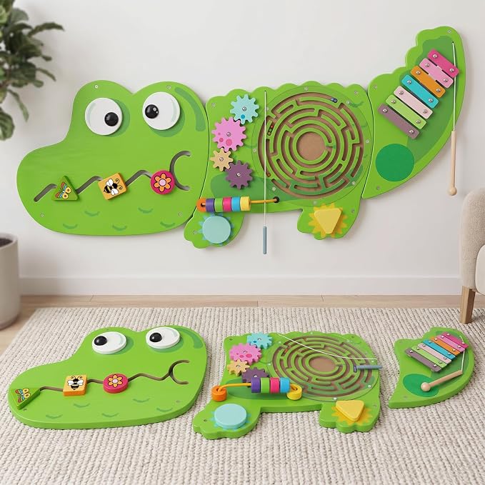 WOODENFUN Wooden Activity Wall Busy Board for Toddlers, 8 in 1 Crocodile Montessori Sensory Wall Panel with Bead Maze, Baby Activity Center Learning Toys for Boys Girls