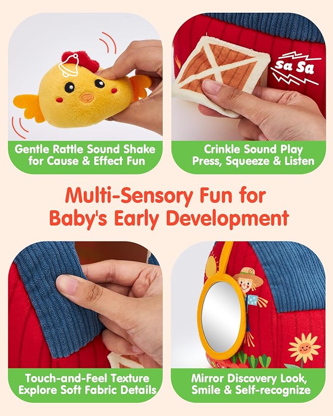 hahaland Baby Toys 6-12 Months - Surprise Barn Stuffed Farm Animals, Rattle, Crinkle, Mirror, Montessori Toys for 6 Month Old Sensory Balls 1-3, Baby Boy Gifts, Farm Plush Toys for Babies Travel Toy