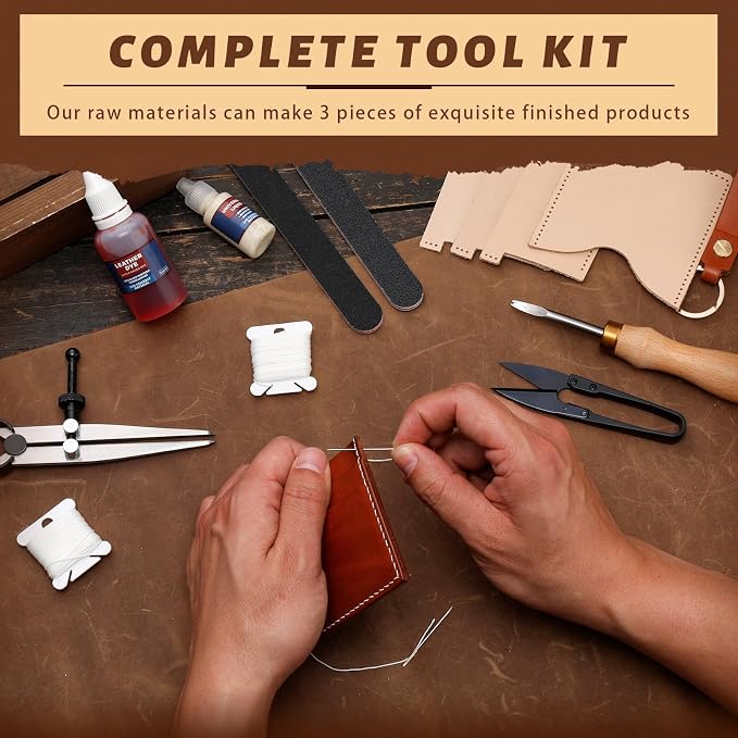 CBHGFEA 51-Piece Leather Working Kit: CBHGFEA Craft Tools Set with Edge Beveler Vegetable Tanned Leather Compass Wax Thread Video Tutorials for Wallets Card Holders and Keychains Crafts for Adults