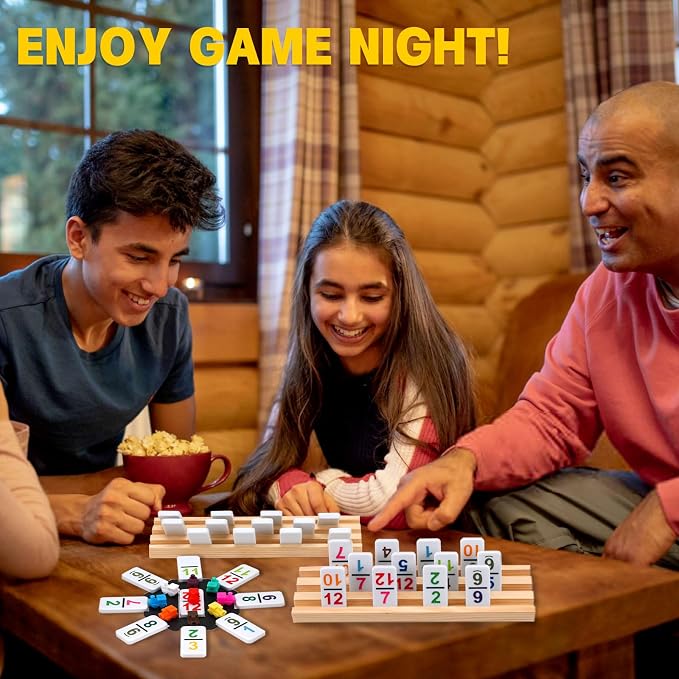 Doreimi Mexican Train Dominoes Set Numbers and 8 Wooden Holders, Double 12 Travel Domino Train Game with 91 Colored Tiles and Protable Case, Number Domino Set for Kids, Adults Family Board Team Games