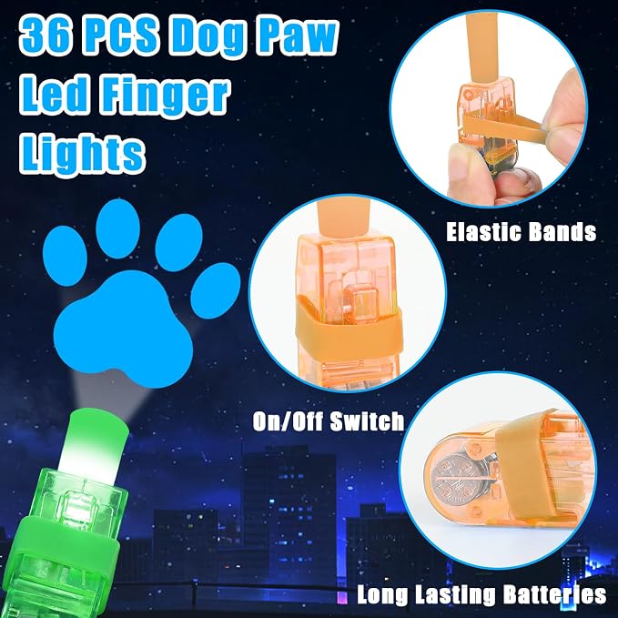 CHUNNIN 36 PCS Paw Birthday Party Favors Dog LED Light Up Finger Lights Glow in the Dark Party Bulk for Christmas Goodie Treat Bags Stuffers Puppy Theme Birthday Supplies